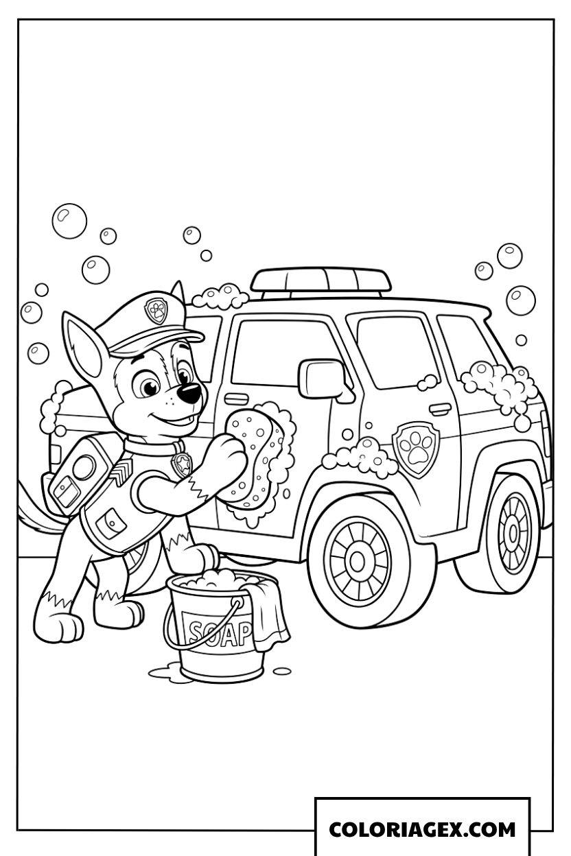 Coloriage de Chase lavant la voiture de police avec du savon et des bulles