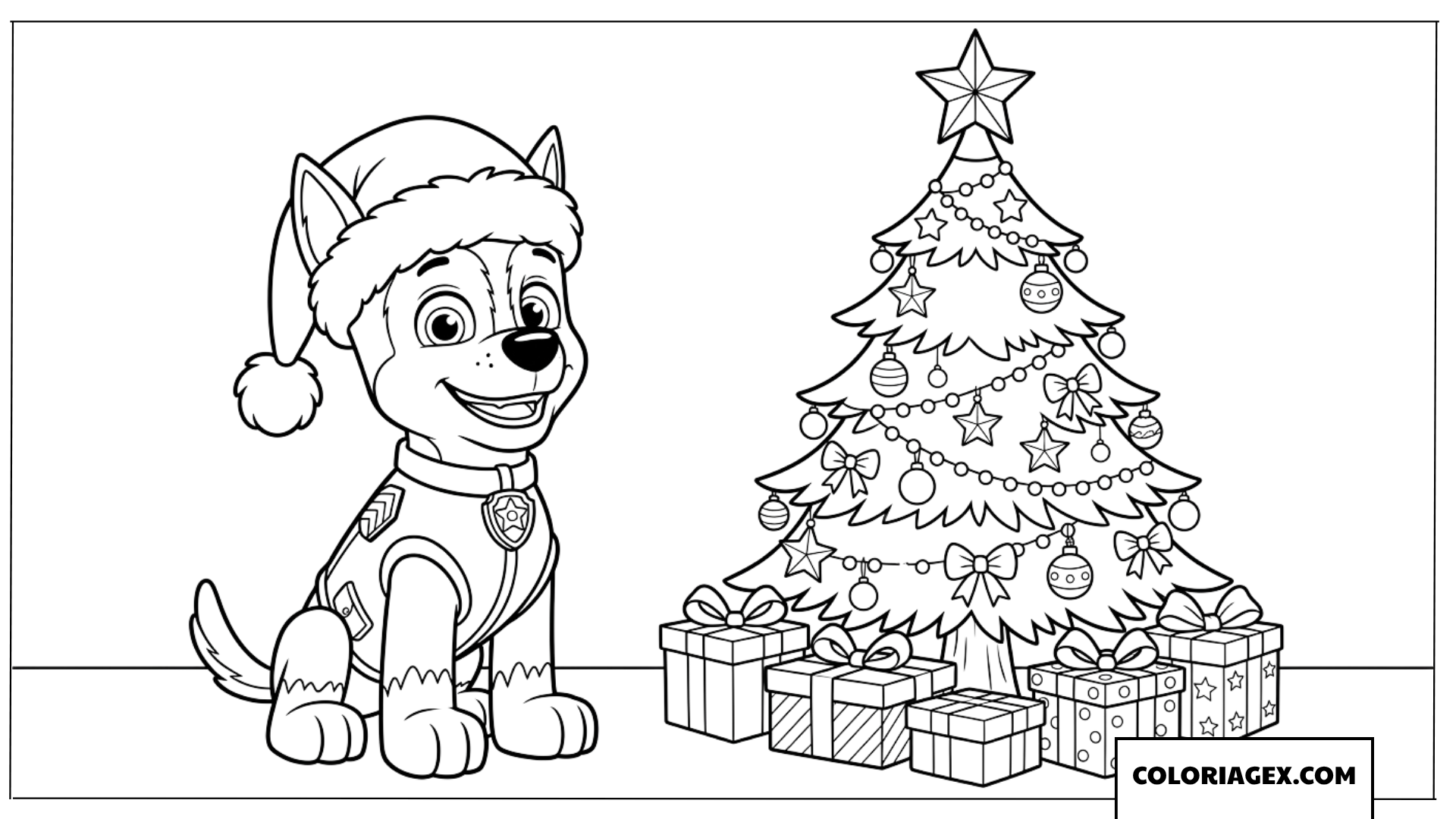 Coloriage de Chase portant un bonnet de Père Noël près du sapin