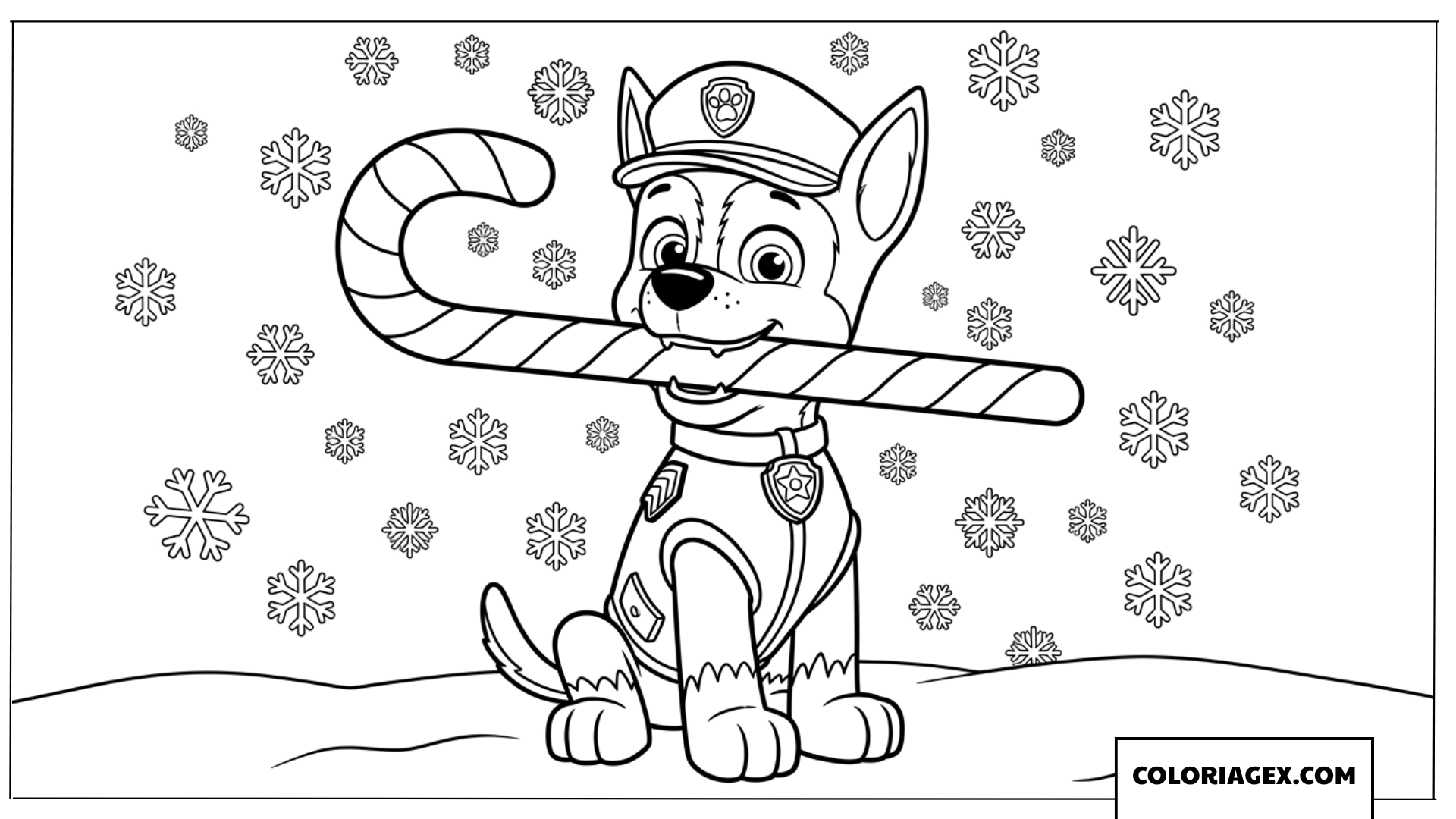 Coloriage de Chase tenant un sucre d'orge pour Noël