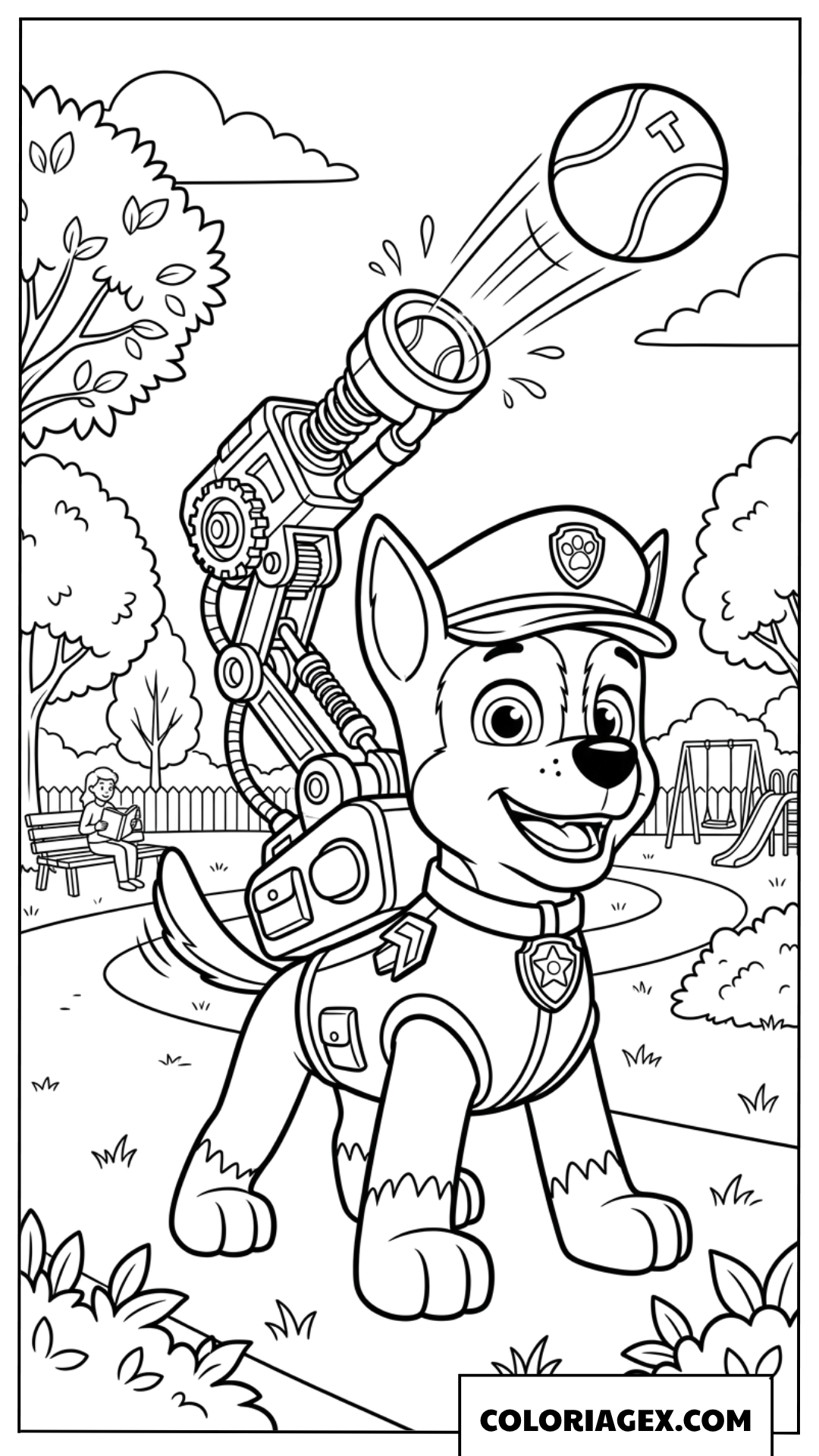 Coloriage de Chase utilisant son lanceur de balles