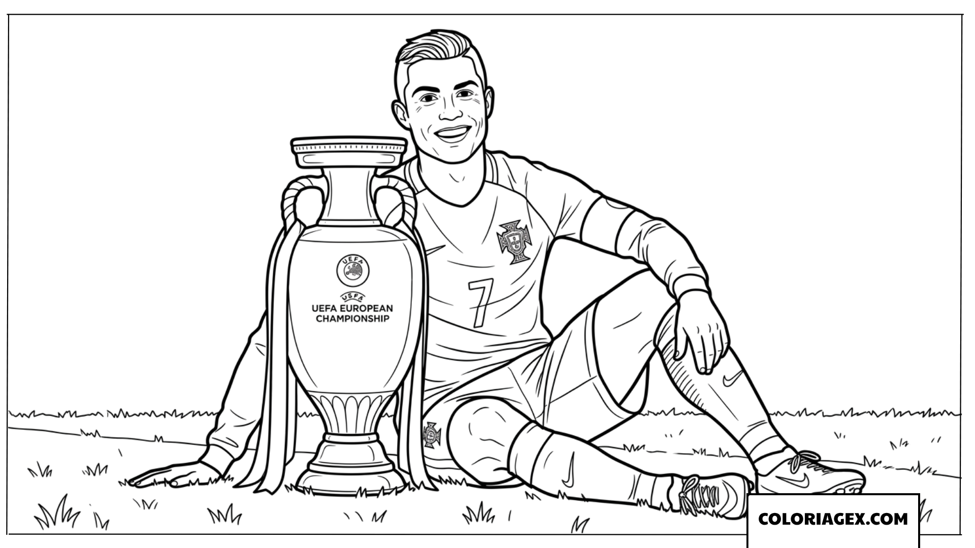 Coloriage de Cristiano Ronaldo assis à côté du trophée de l'Euro sur le terrain