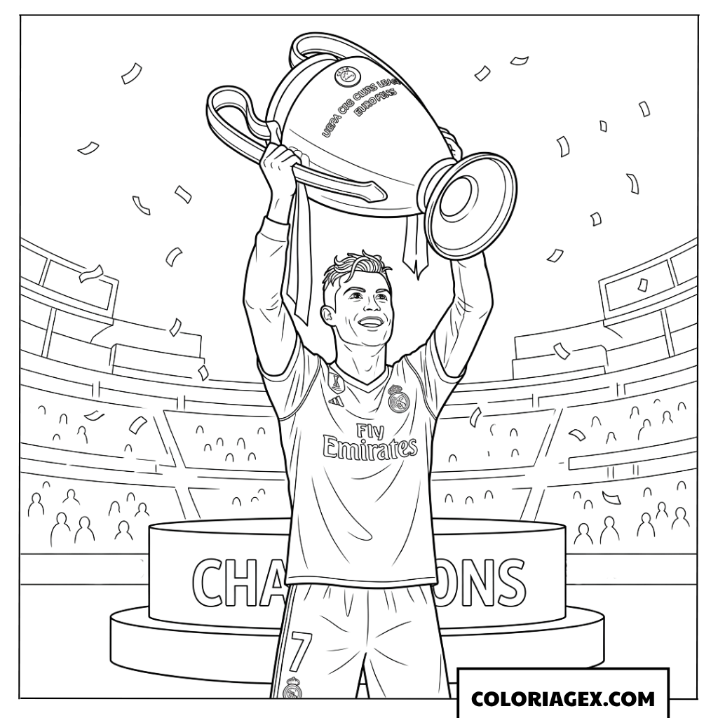 Coloriage de Cristiano Ronaldo levant haut la coupe de la Ligue des Champions