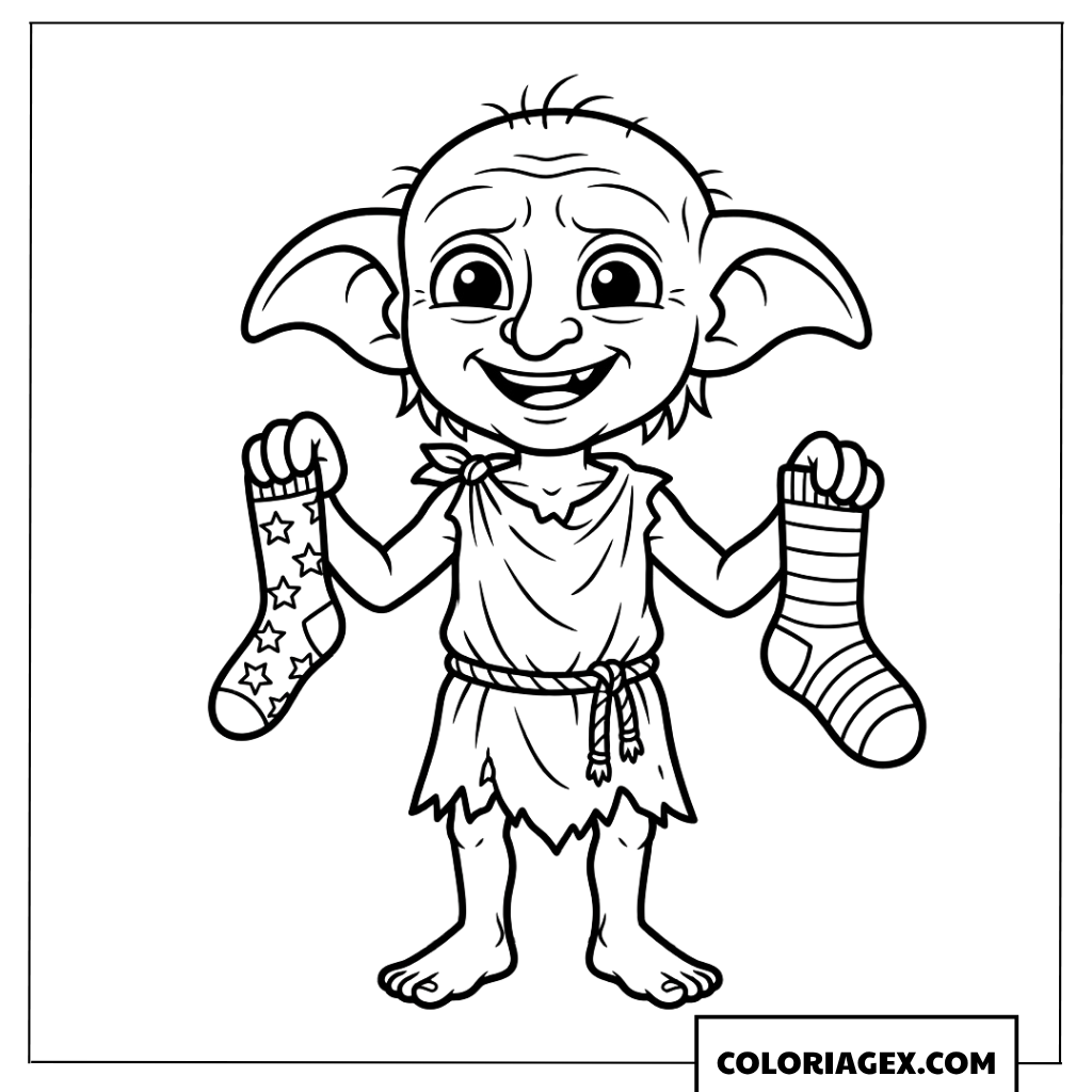 Coloriage de Dobby l'elfe de maison tenant des chaussettes