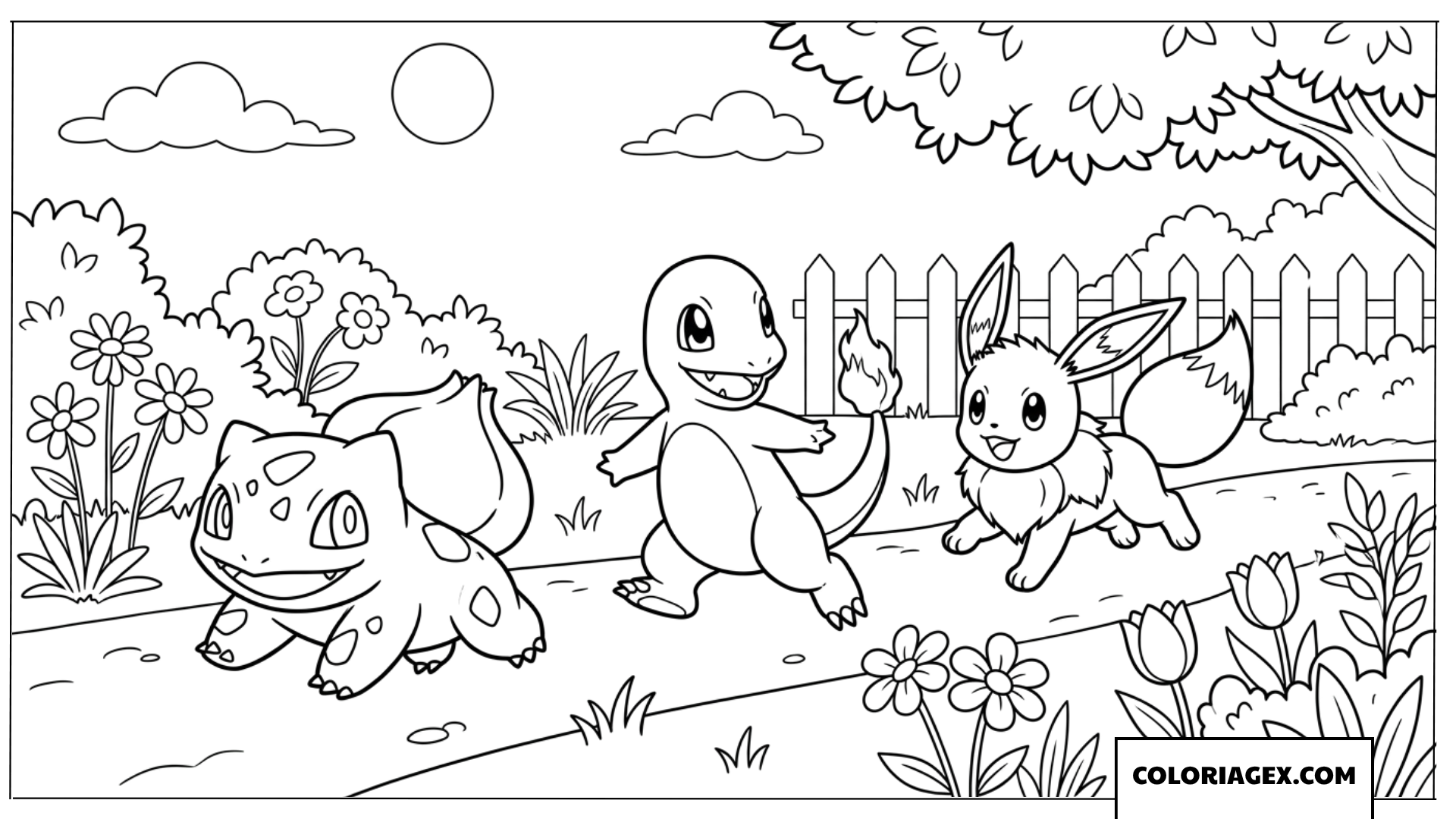 Coloriage de Eevee avec ses amis en balade