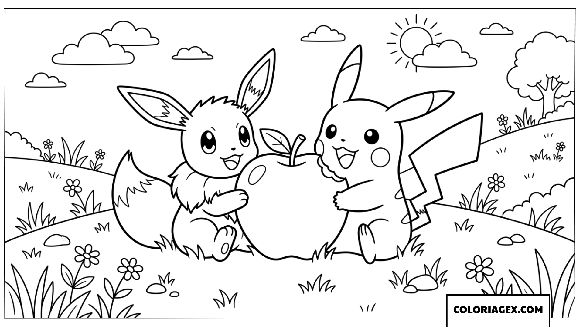 Coloriage de Eevee et Pikachu partageant une pomme