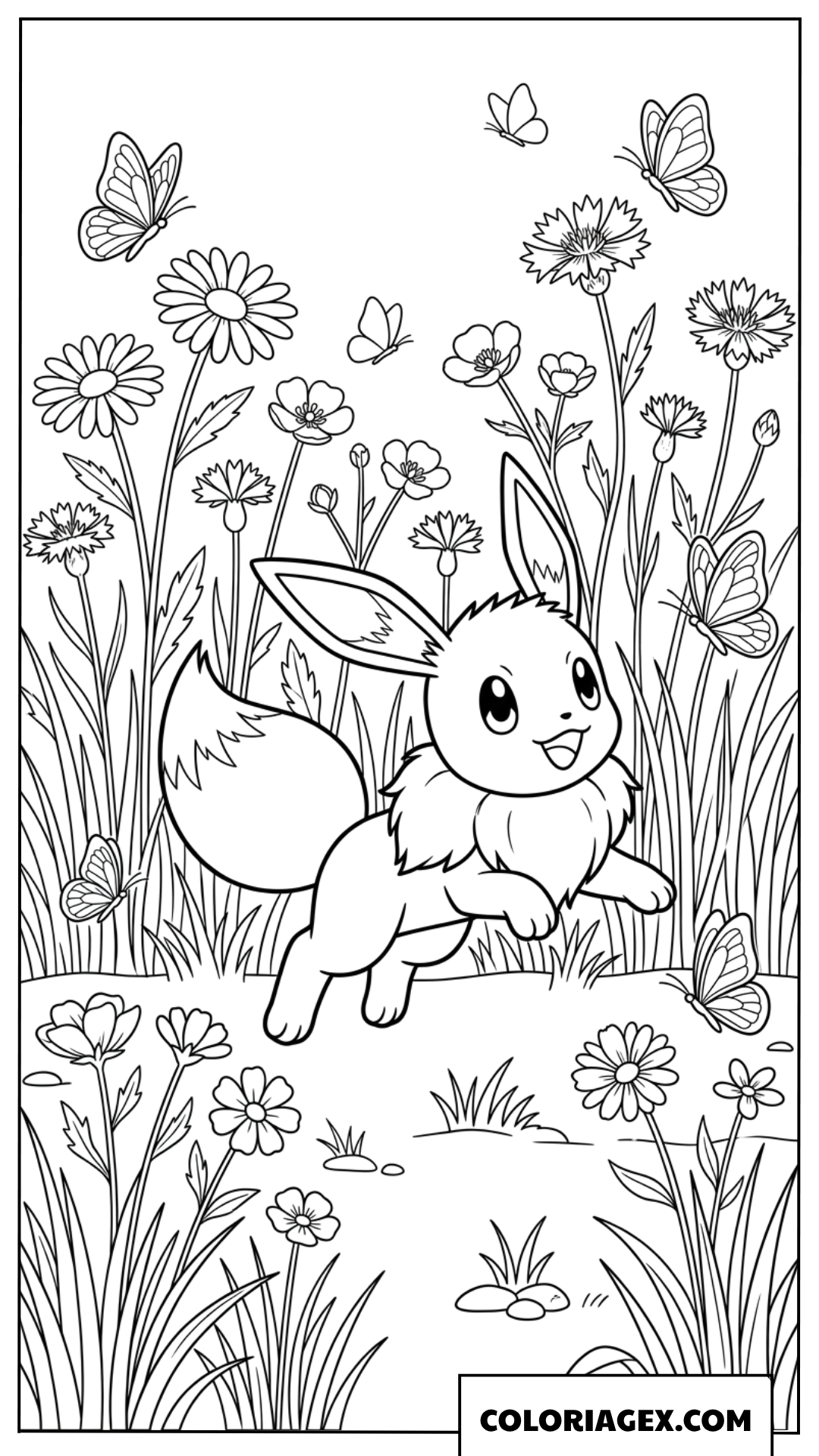 Coloriage de Eevee jouant joyeusement dans un jardin