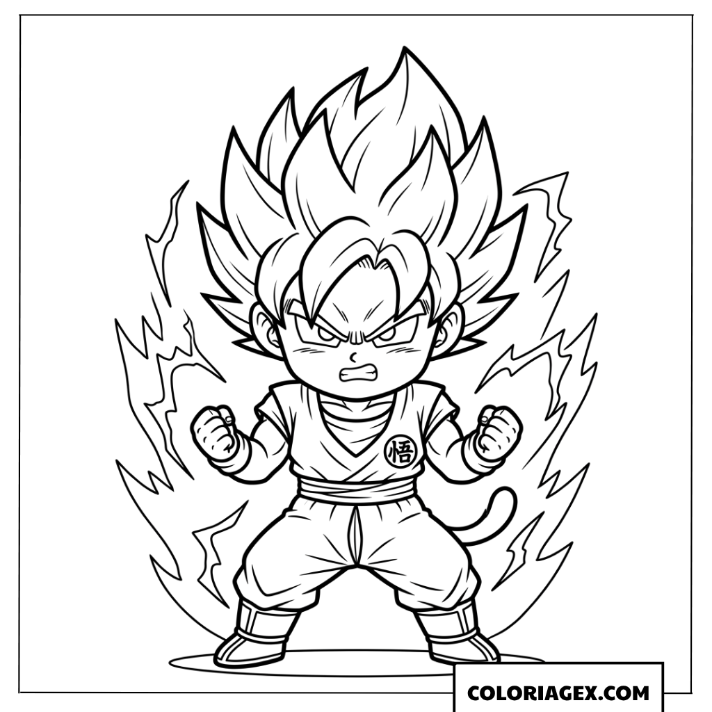 Coloriage de Goku chibi a l'air determine