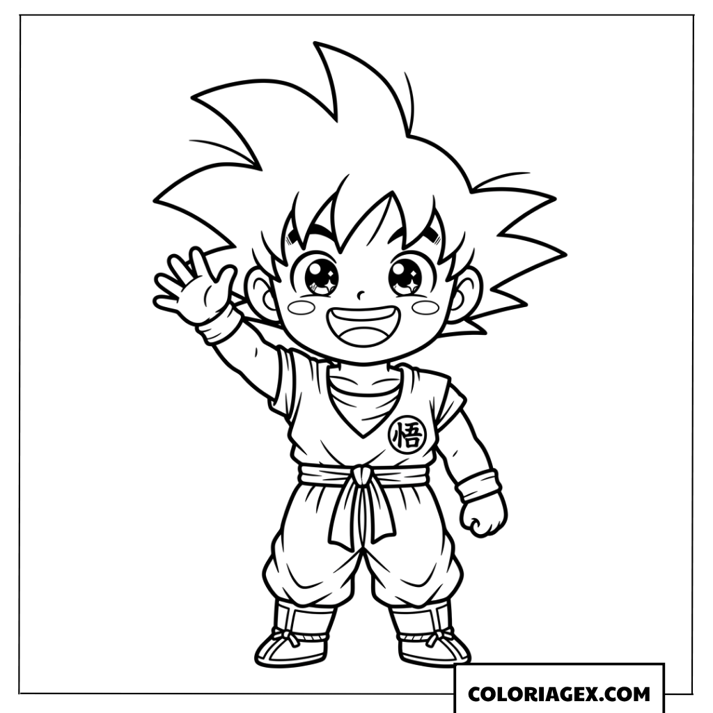 Coloriage de Goku chibi faisant coucou