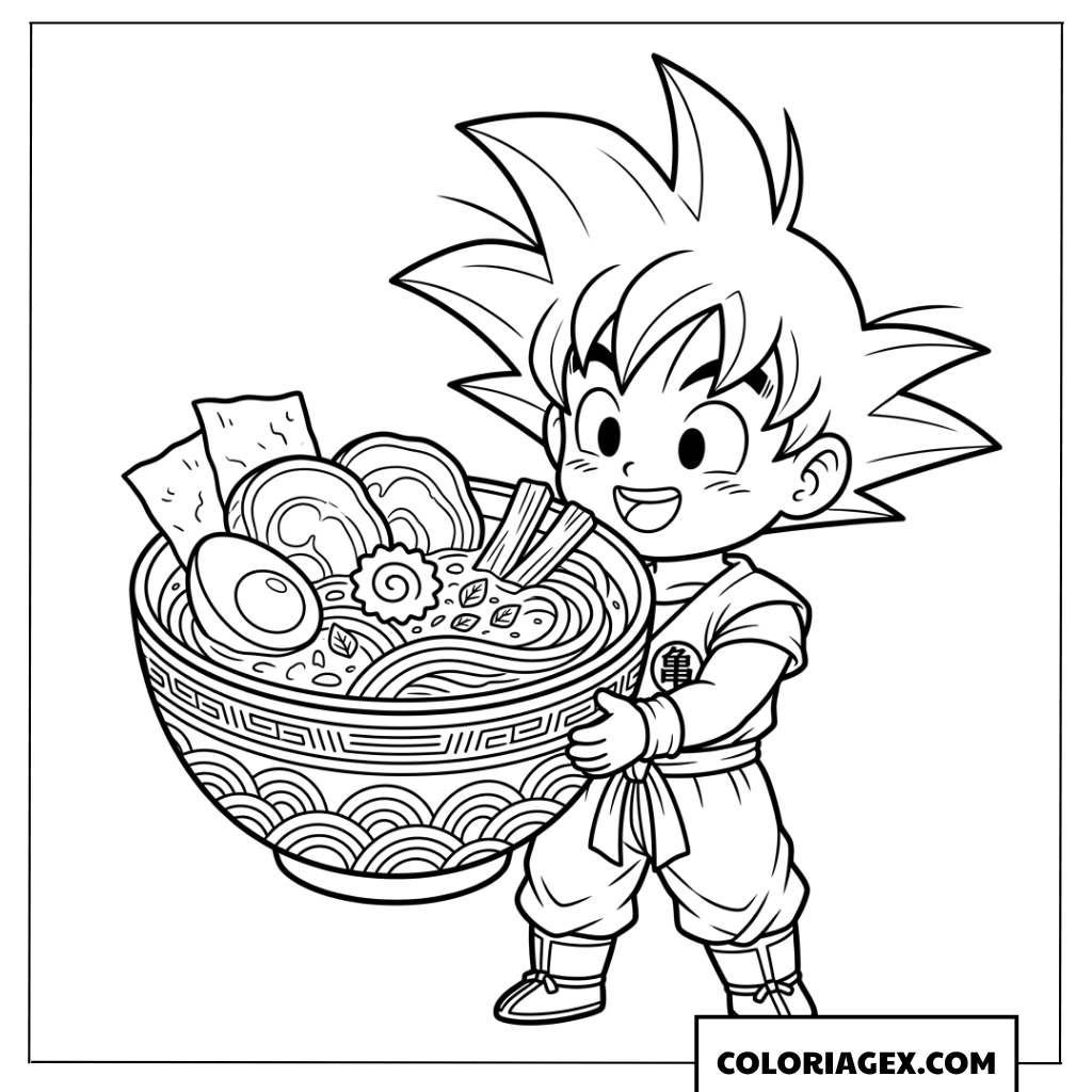 Coloriage de Goku chibi tenant un bol de ramen