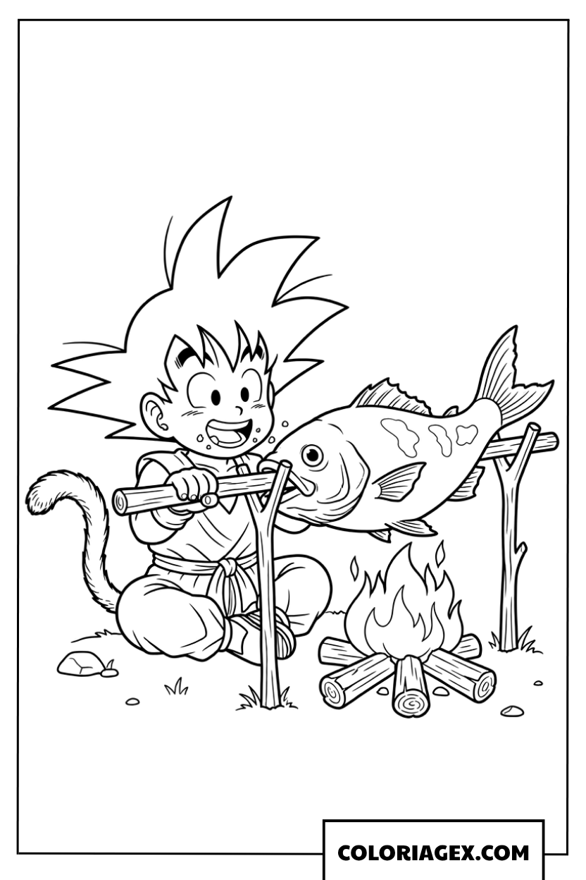 Coloriage de Goku grillant un poisson au feu
