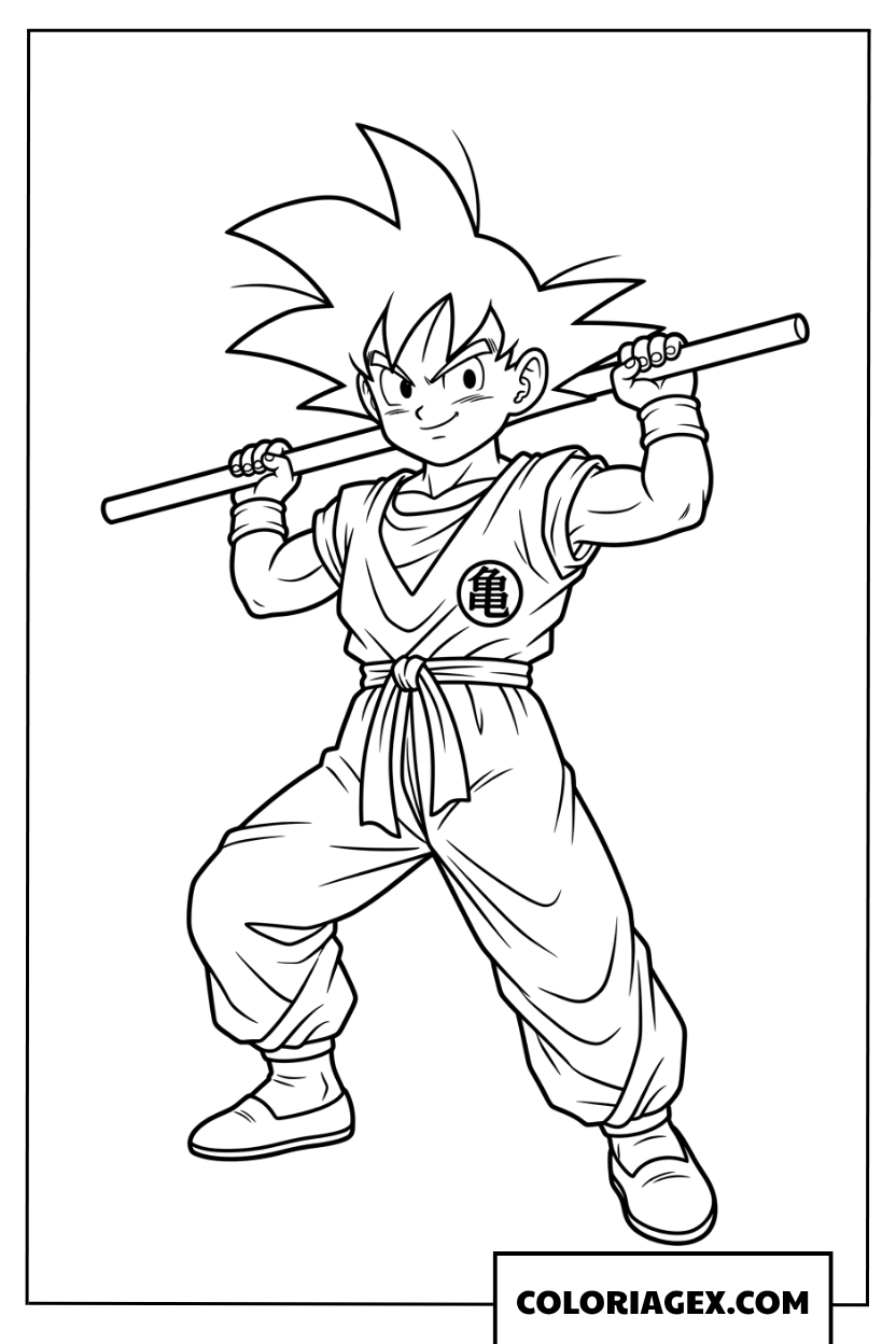 Coloriage de Goku tenant son baton magique