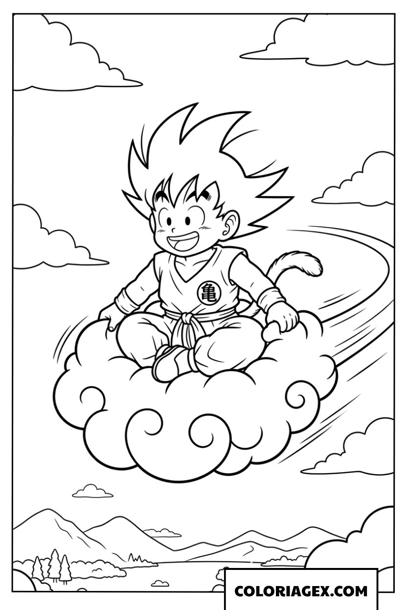 Coloriage de Goku volant sur le nuage magique