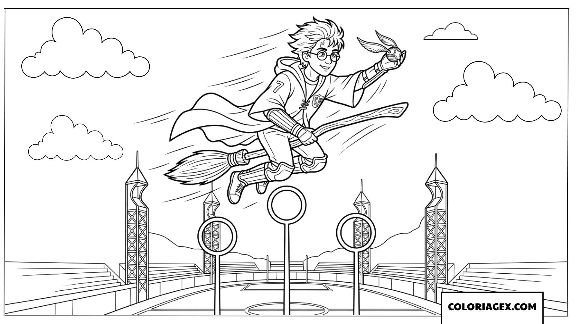 Coloriage de Harry Potter celebrant sa victoire au Quidditch