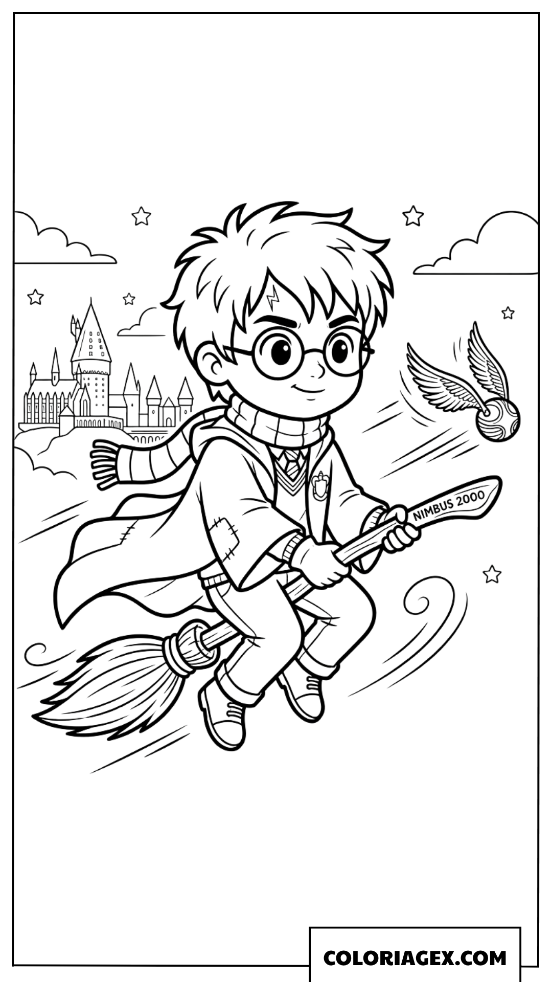 Coloriage de Harry Potter en plein vol sur son balai magique