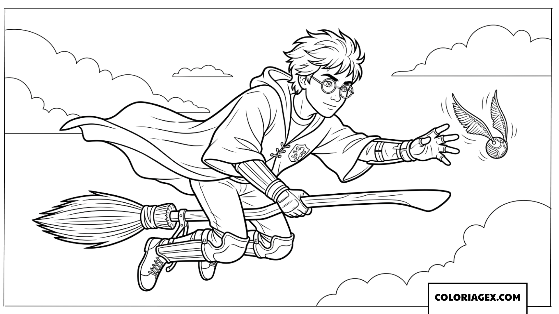 Coloriage de Harry Potter en pleine poursuite au Quidditch
