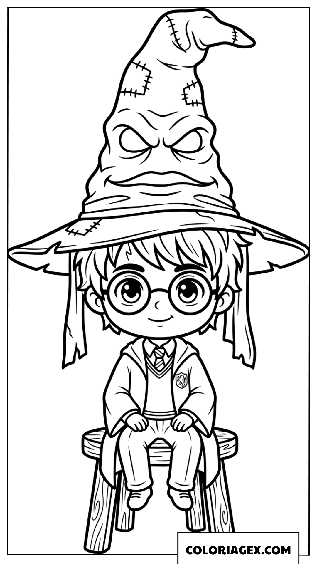 Coloriage de Harry Potter portant le Choixpeau magique sur sa tête