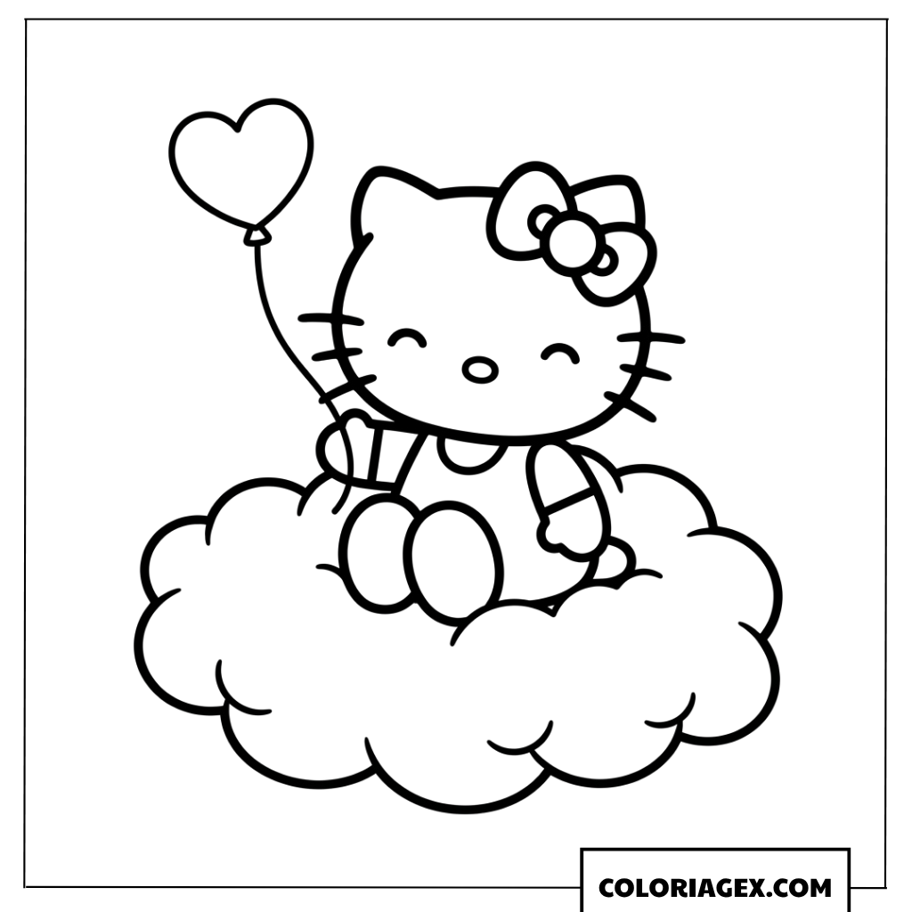Coloriage de Hello Kitty assise sur un nuage moelleux