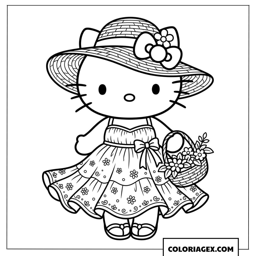 Coloriage de Hello Kitty avec une robe estivale chic