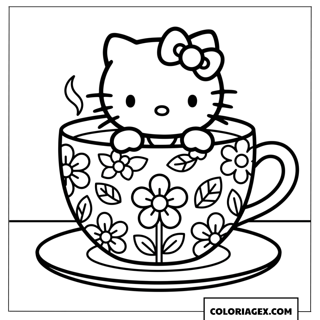 Coloriage de Hello Kitty blottie dans une tasse à thé fleurie