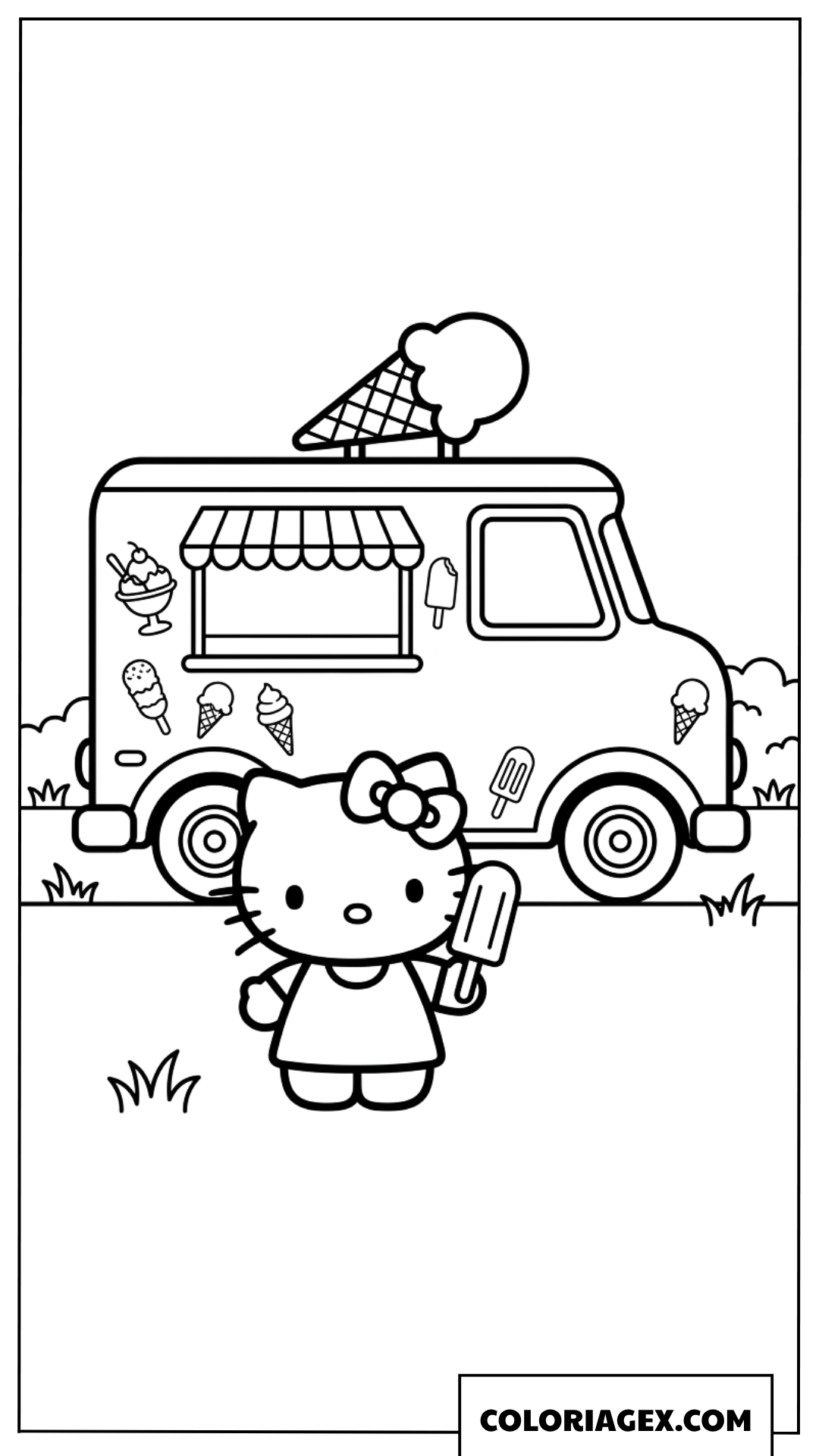 Coloriage de Hello Kitty devant son camion de glaces