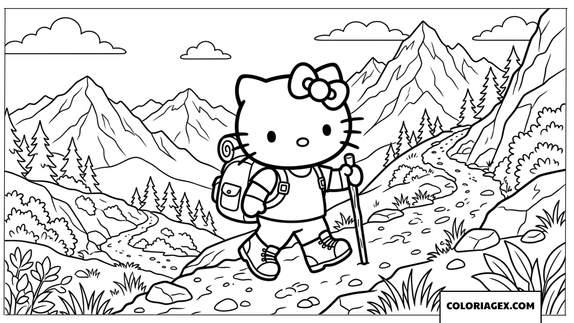 Coloriage de Hello Kitty en pleine randonnee en montagne