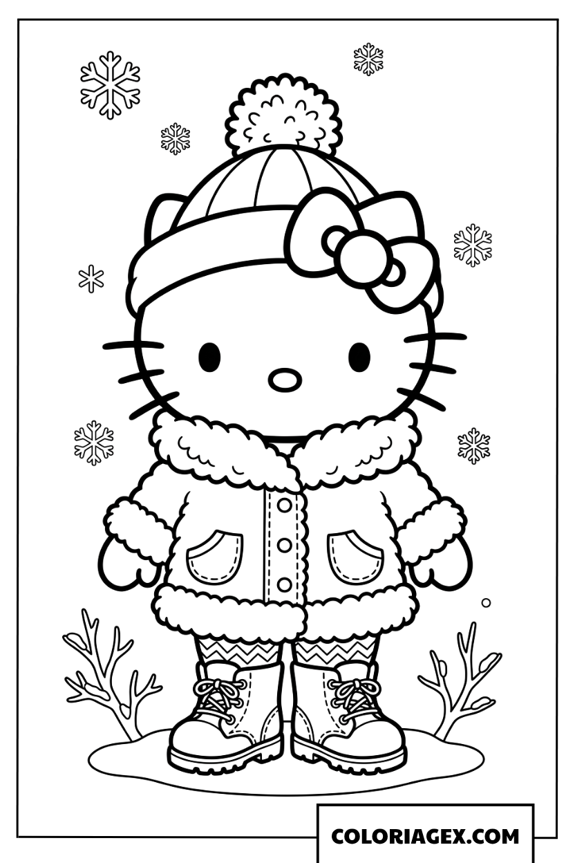 Coloriage de Hello Kitty en tenue chaude pour l hiver