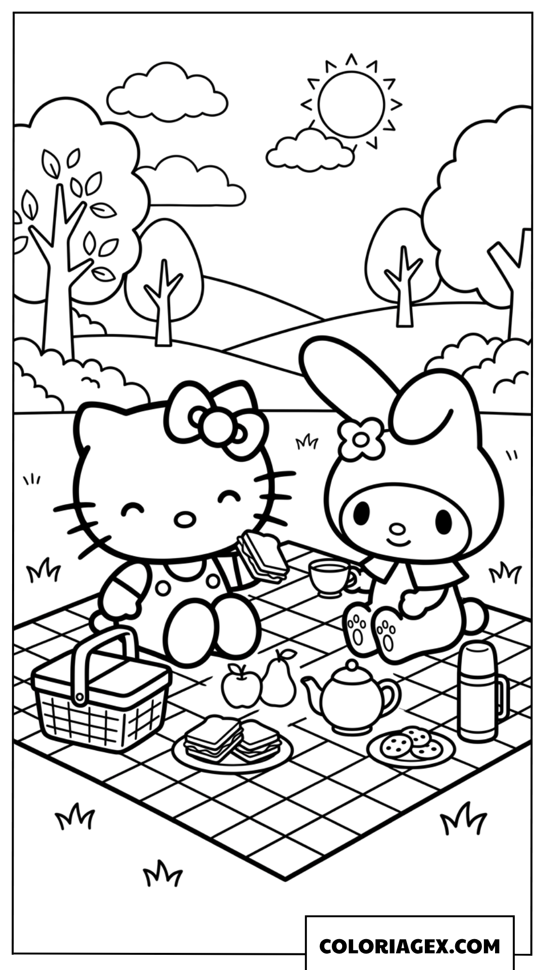 Coloriage de Hello Kitty et My Melody en pique-nique