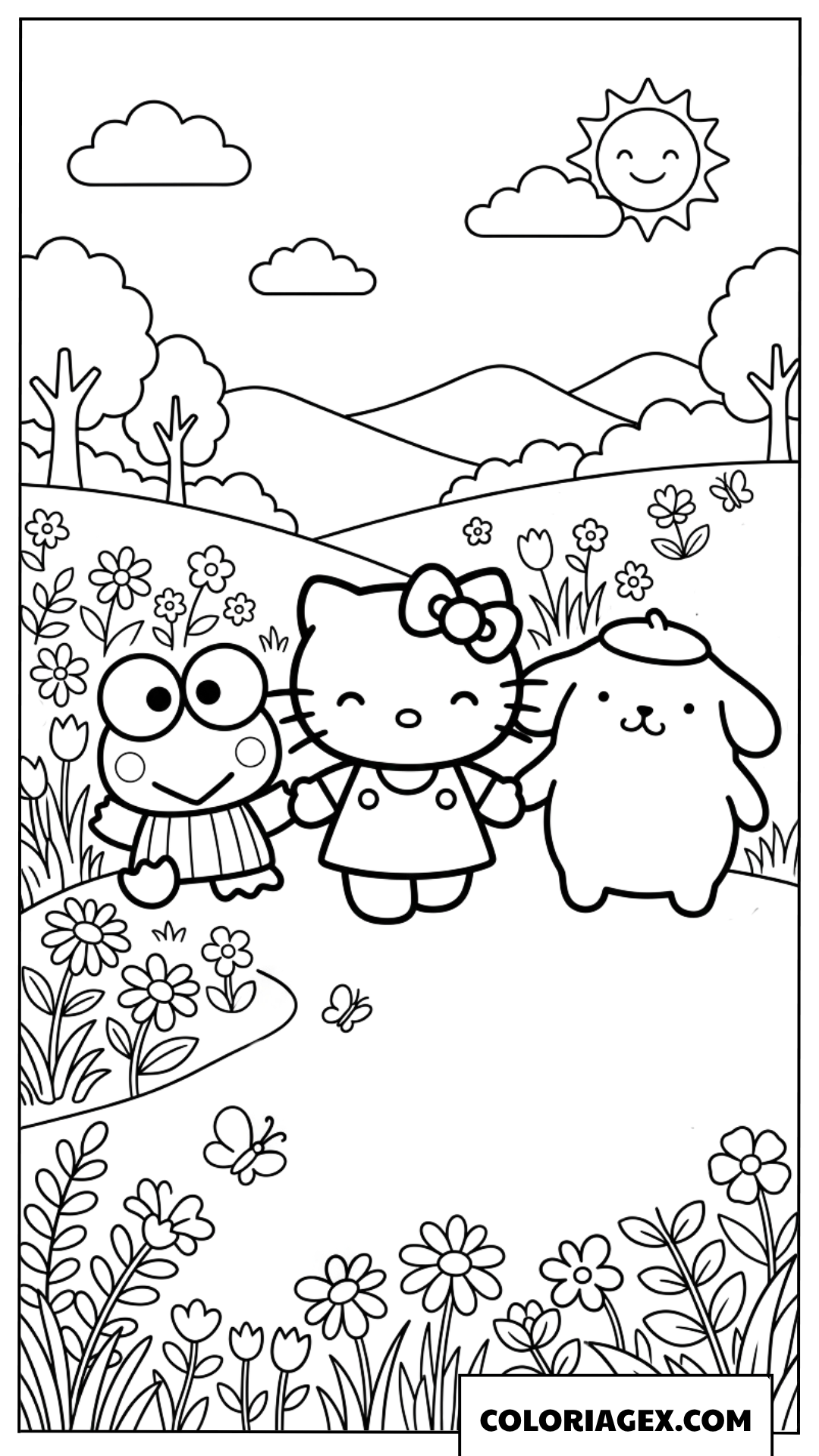 Coloriage de Hello Kitty et ses amis dans un jardin