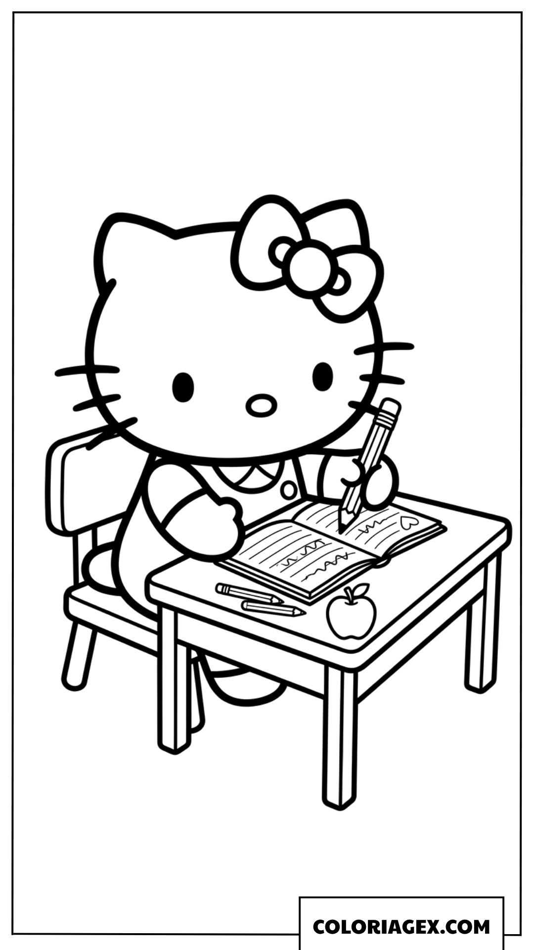 Coloriage de Hello Kitty etudiant a son bureau