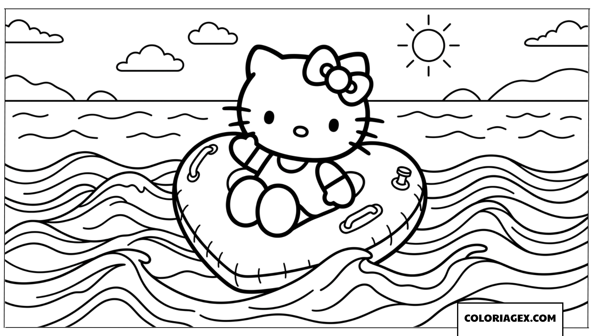 Coloriage de Hello Kitty flottant sur une bouee coeur