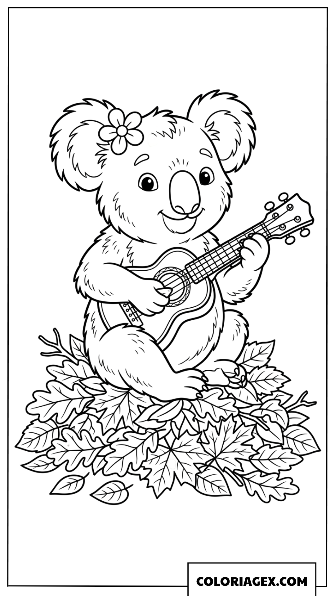Coloriage de Koala jouant de la guitare sur des feuilles
