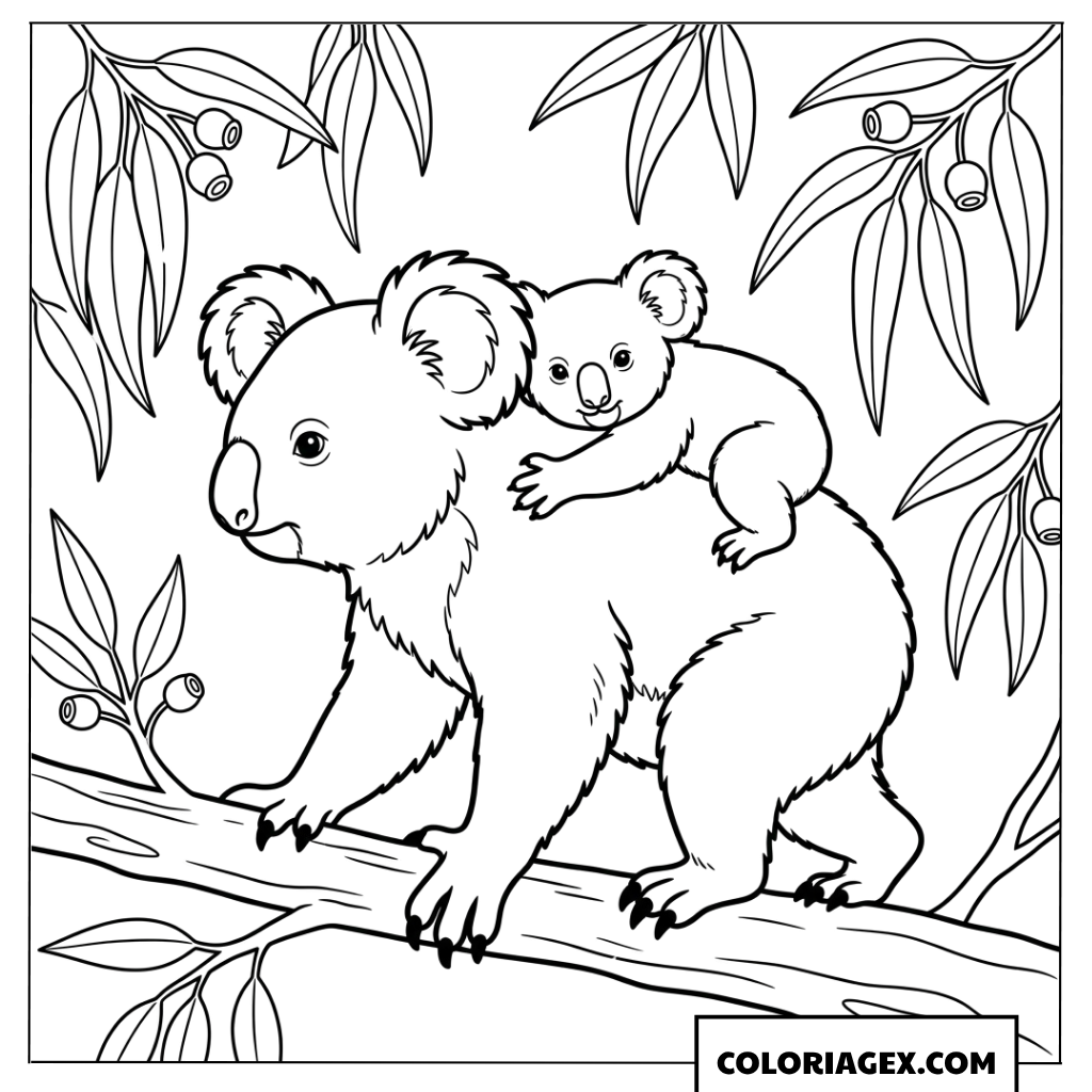 Coloriage de Koala maman portant son bebe sur le dos