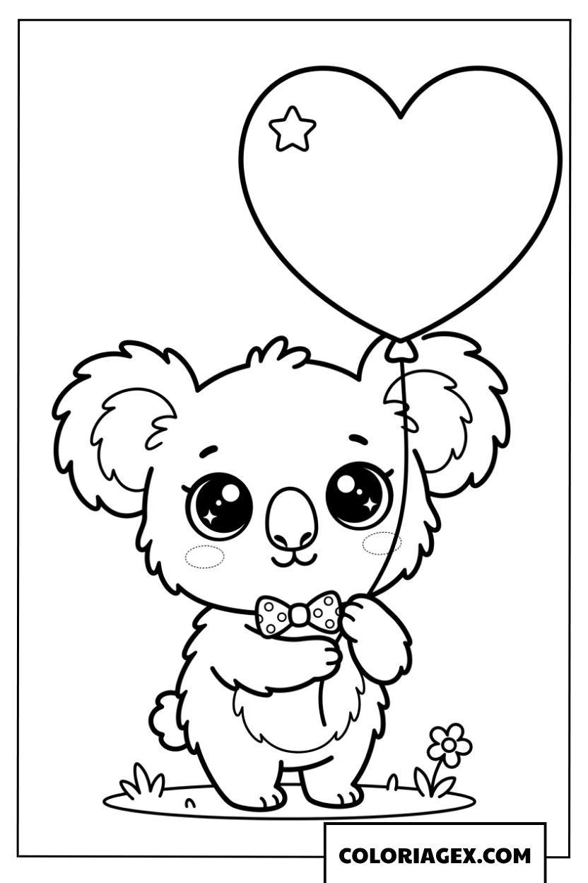 Coloriage de Koala mignon tenant un ballon en forme de cœur