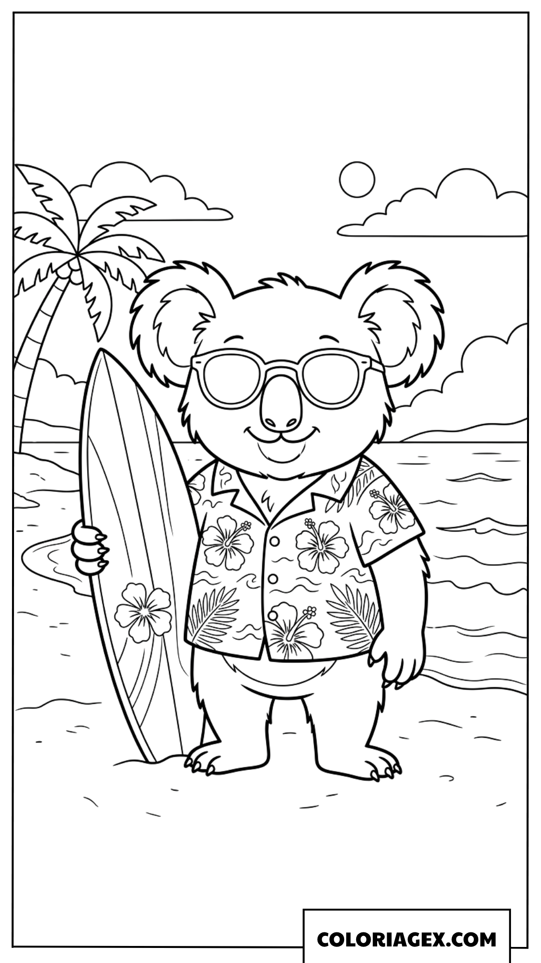 Coloriage de Koala surfeur avec sa planche a la plage