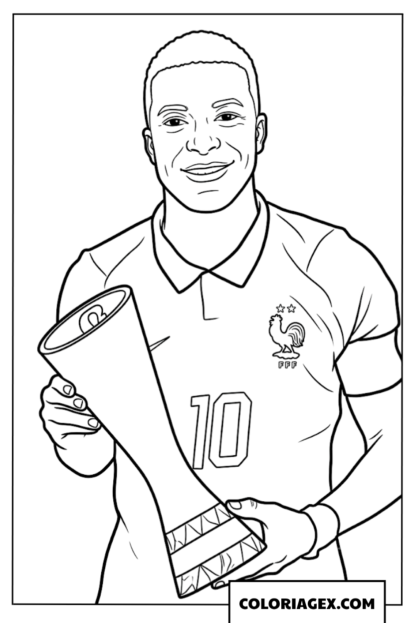 Coloriage de Kylian Mbappe avec son trophee de joueur du match