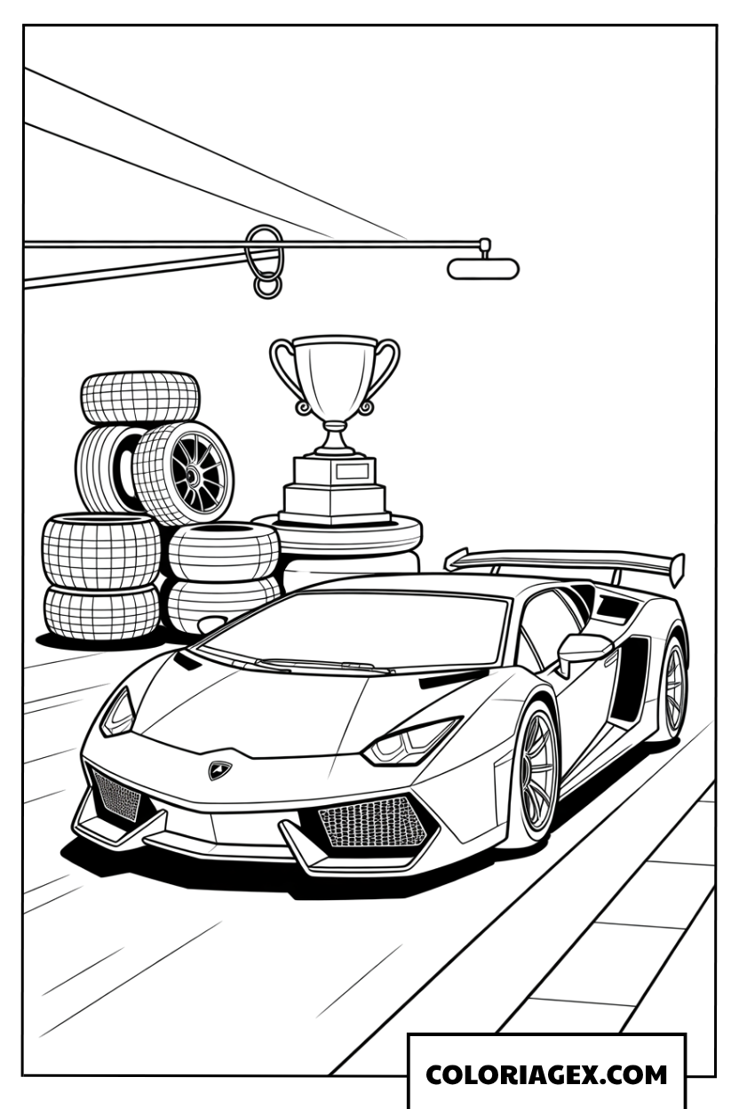 Coloriage de Lamborghini avec trophee et pneus