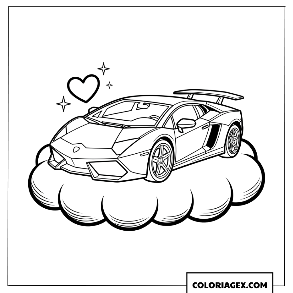 Coloriage de Lamborghini sur un nuage avec un coeur