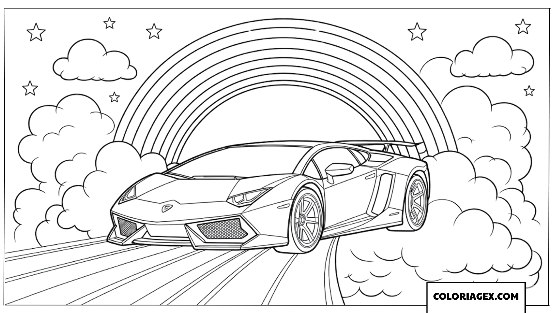 Coloriage de Lamborghini volant sur un arc en ciel