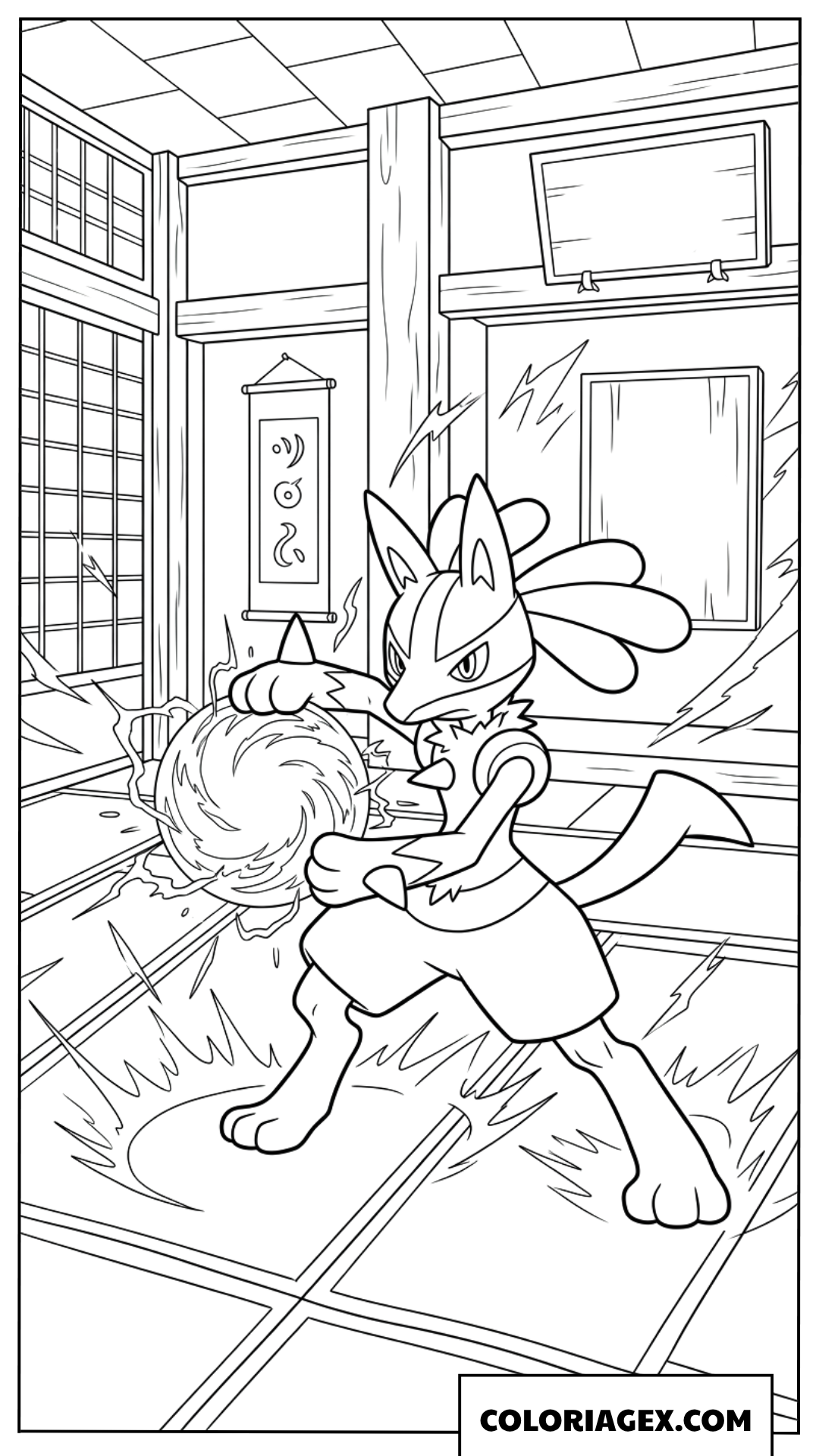 Coloriage de Lucario en plein entraînement d'arts martiaux