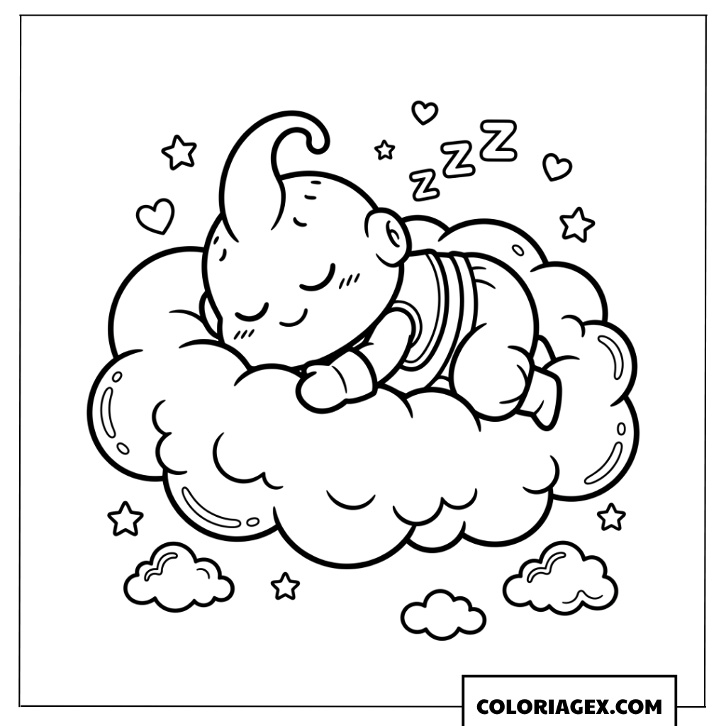 Coloriage de Majin Buu Chibi dormant sur un nuage