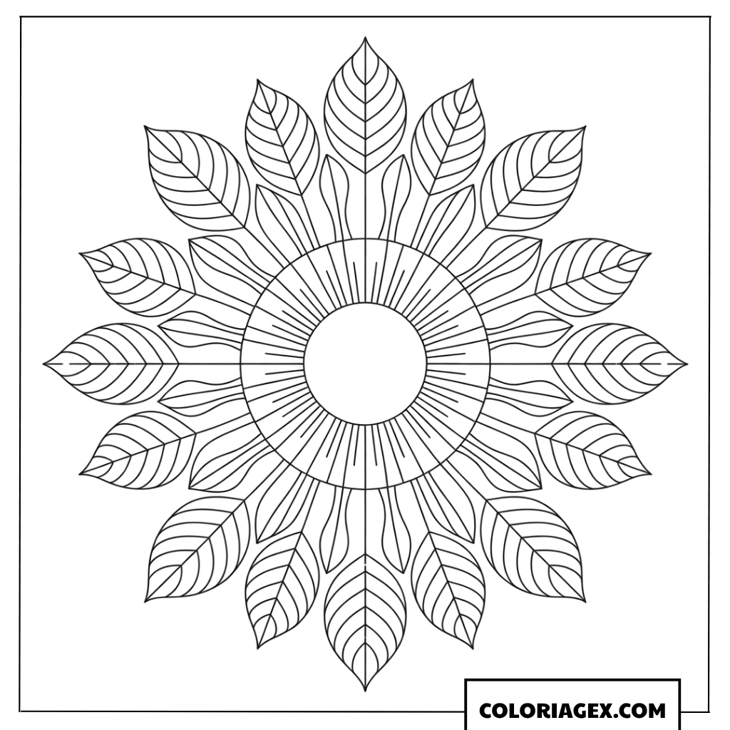 Coloriage de Mandala avec des motifs de feuilles symétriques