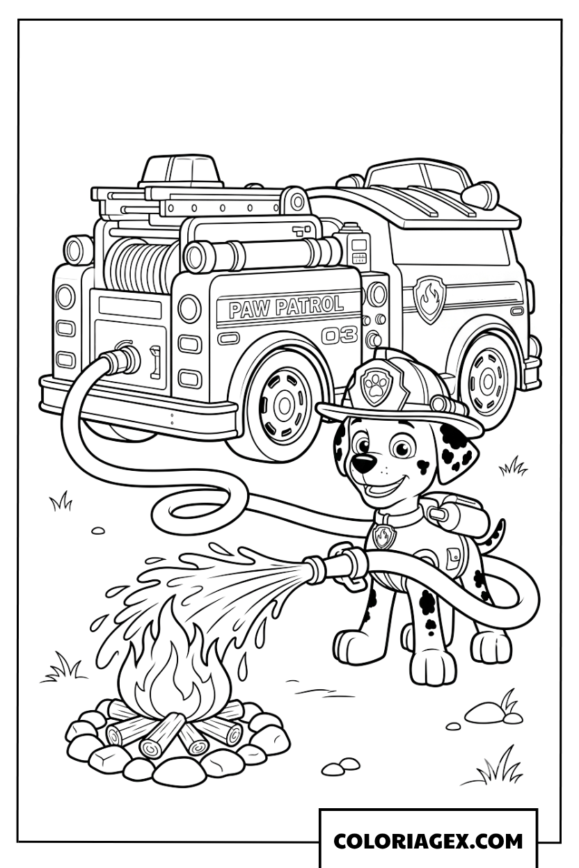 Coloriage de Marcus en train d eteindre un feu