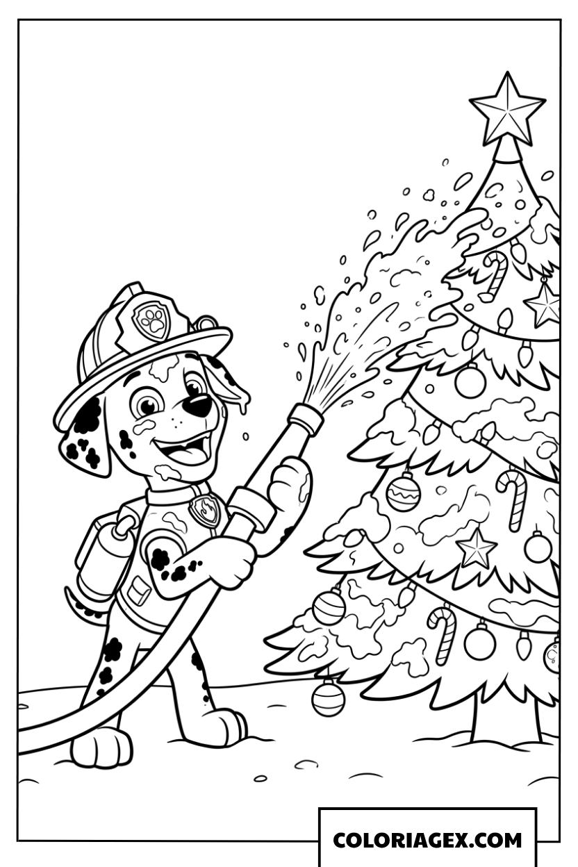 Coloriage de Marshall Paw Patrol arrosant le sapin de Noël