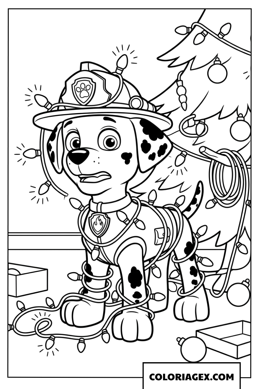 Coloriage de Marshall Paw Patrol emmêlé dans des guirlandes