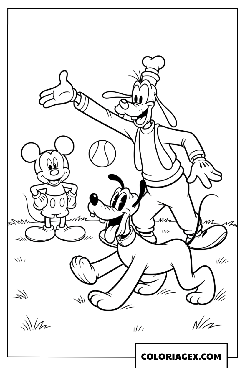 Coloriage de Mickey Goofy et Pluto jouant ensemble dehors