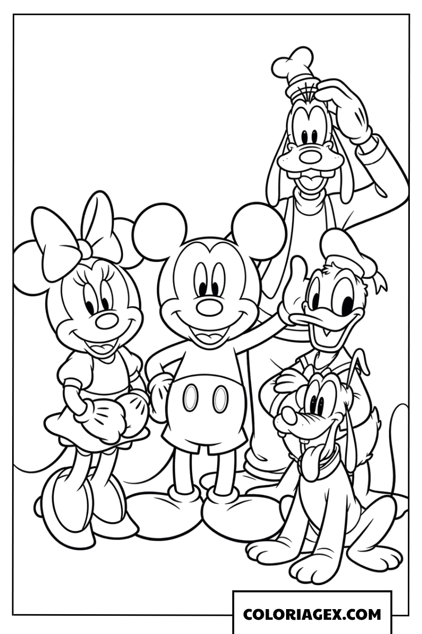 Coloriage de Mickey Minnie Goofy Donald et Pluto reunis