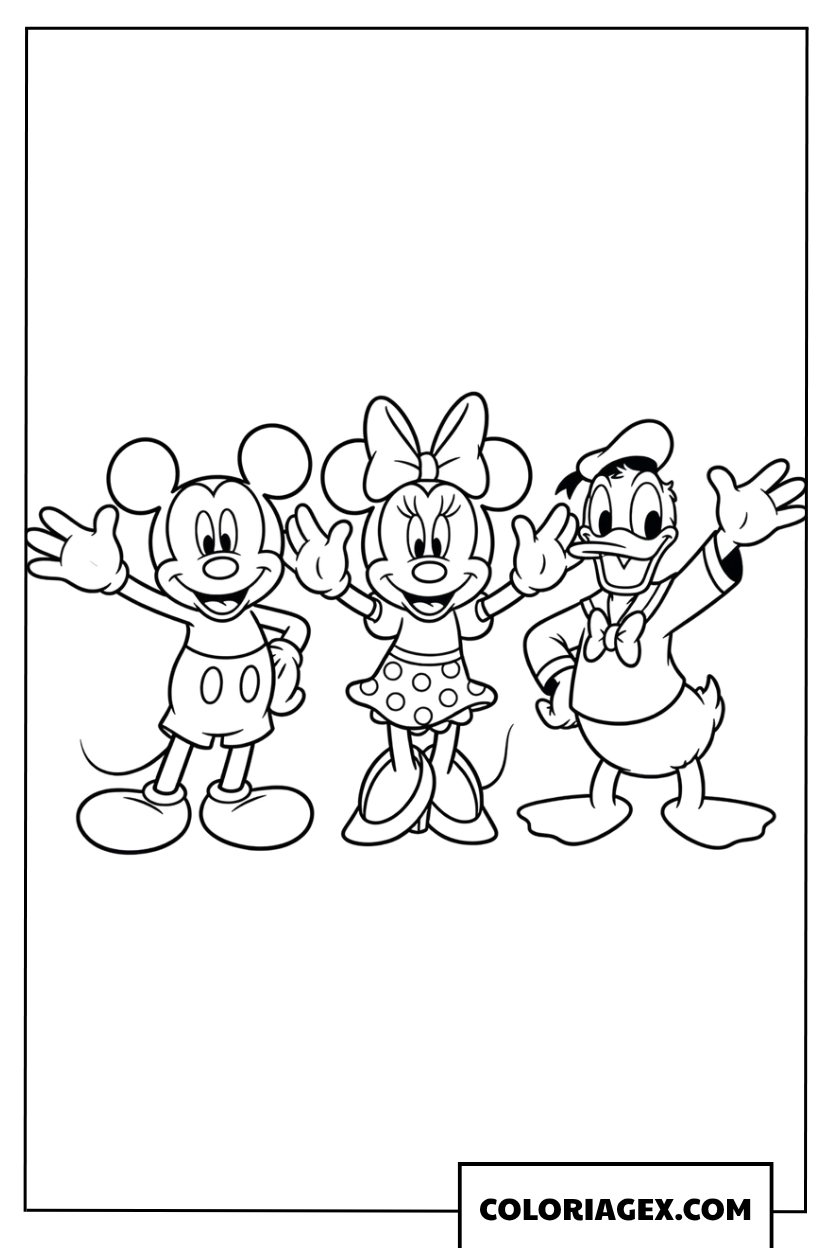 Coloriage de Mickey Minnie et Donald accueillant ensemble