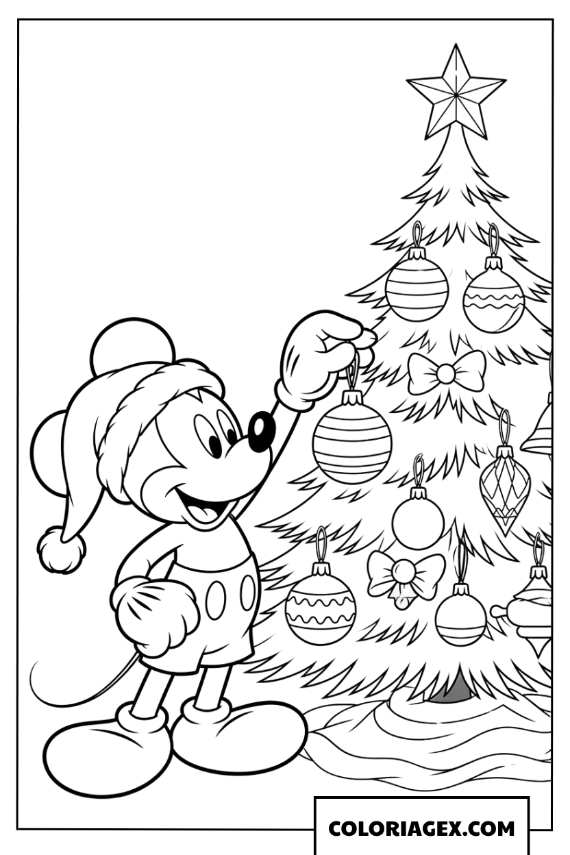 Coloriage de Mickey Mouse décorant le sapin de Noël