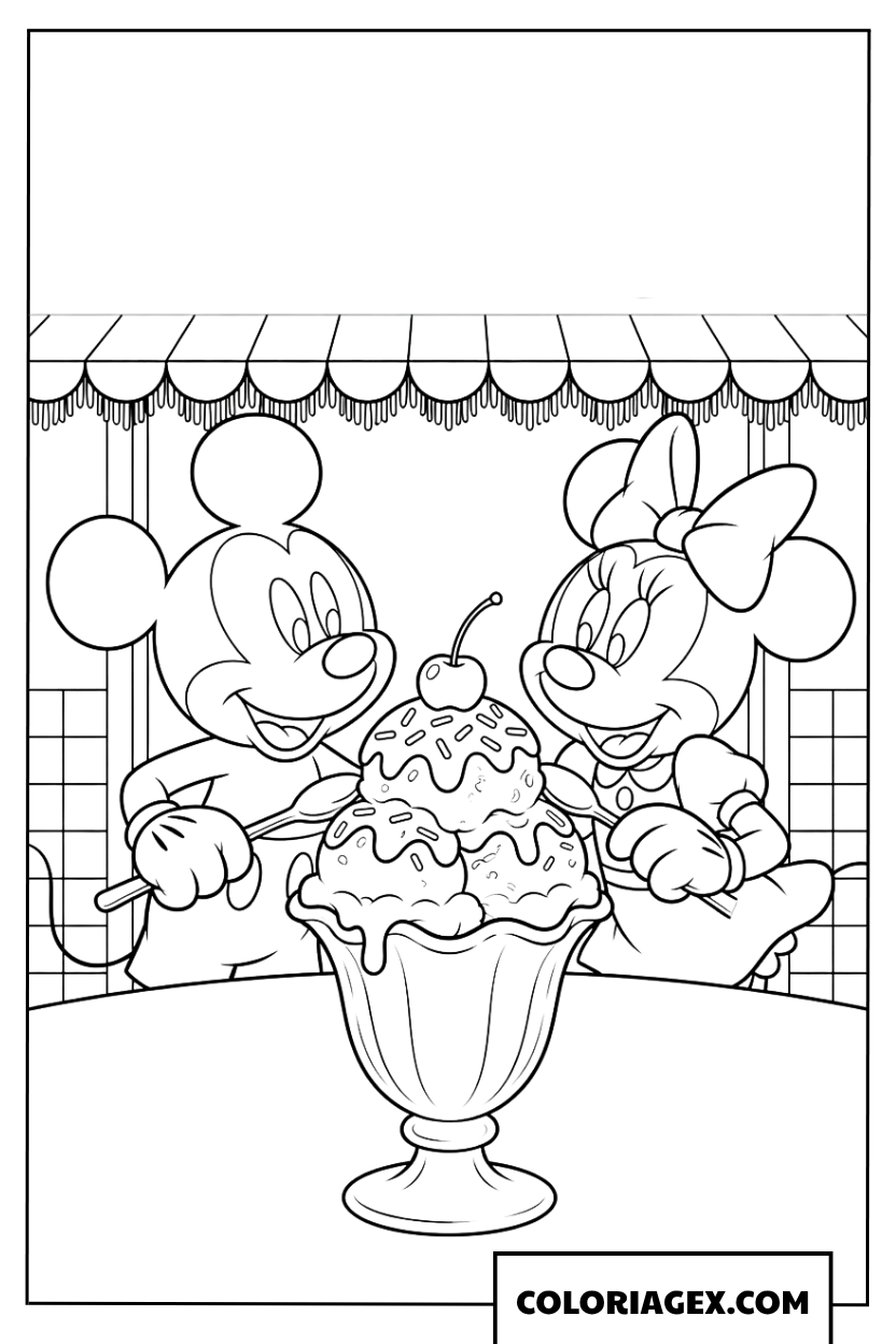 Coloriage de Mickey Mouse et Minnie Mouse partageant un énorme sundae