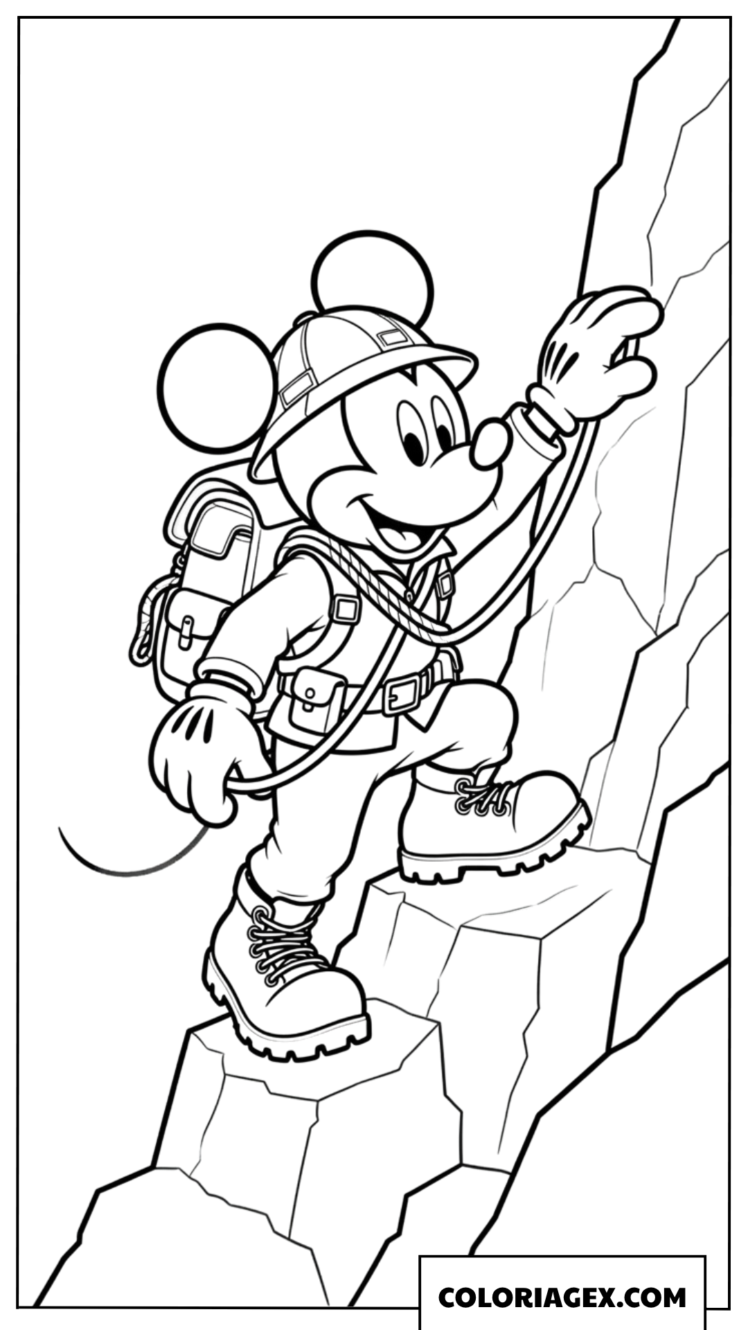 Coloriage de Mickey Mouse explorateur en pleine escalade